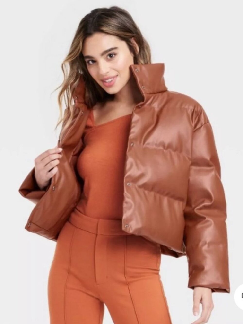 Medium Brown Faux leather Puffer Jacket
